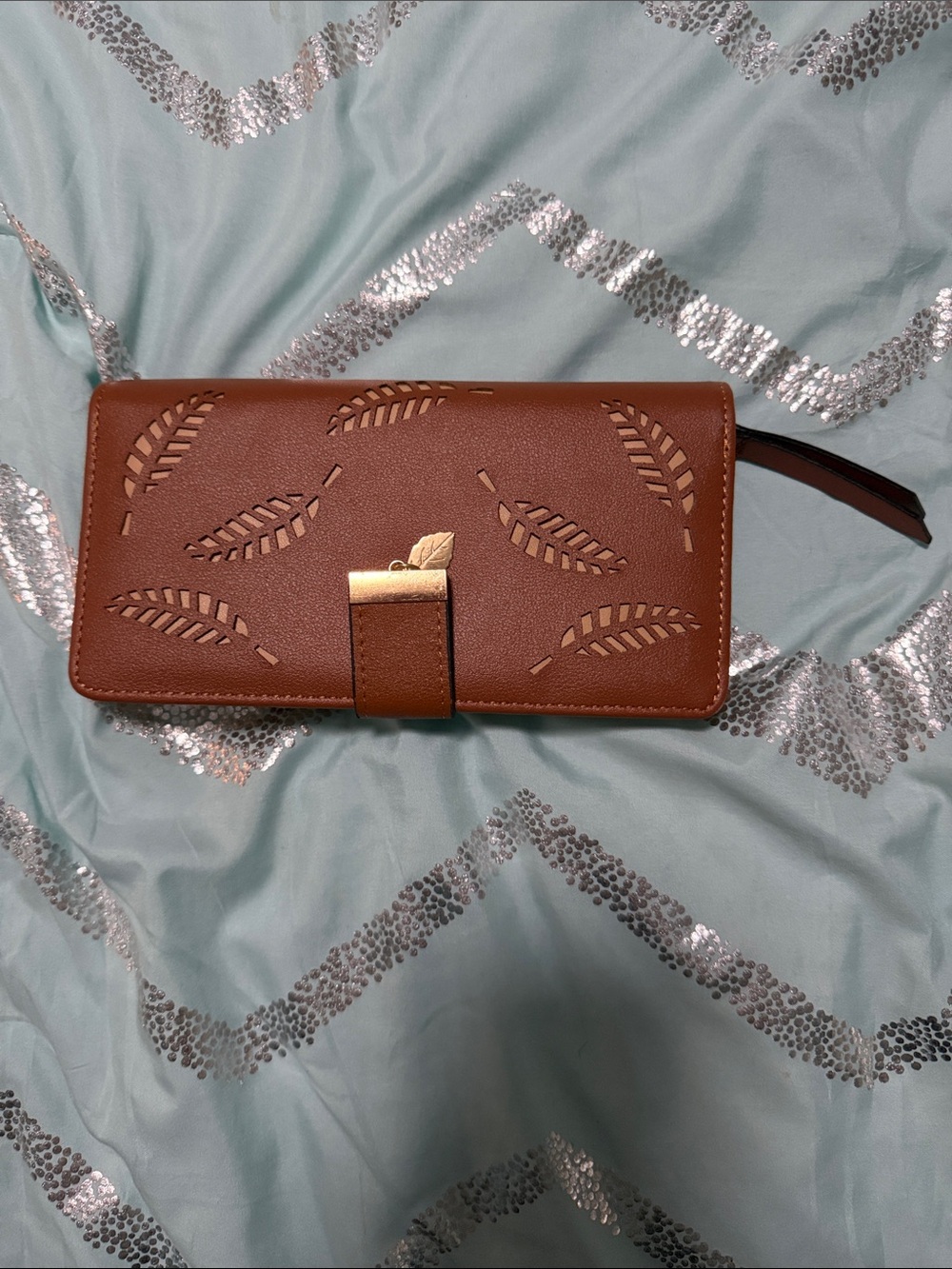 Leaf-Accent Brown Women's Wallet Clutch with Gold Trim